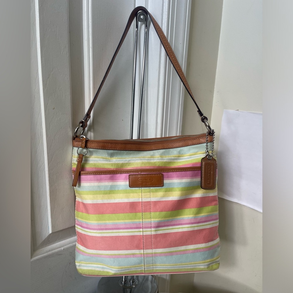 Coach Multi-Color Stripe Canvas Shoulder Bag with Brown Leather Trim